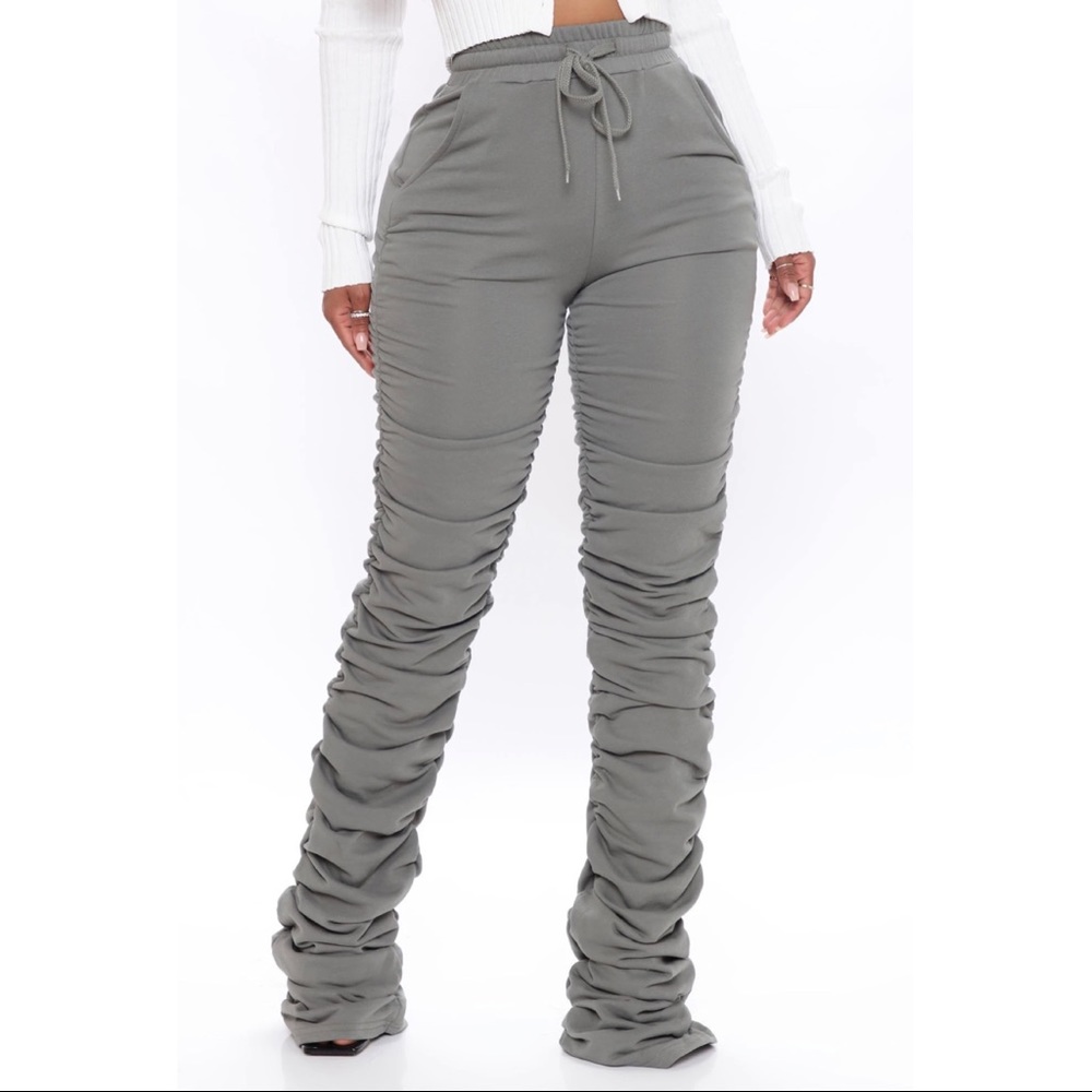 Sage green stacked rouched sweatpants 1X